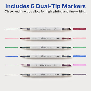AVERY Dual Tip Markers, Fine Tip Marker and Chisel Tip Marker, Quick-Drying Water-Based Markers, Muted Neutral Colors, Ideal Planner Markers and Journal Markers, 6-Pack (25003) 6 Pack